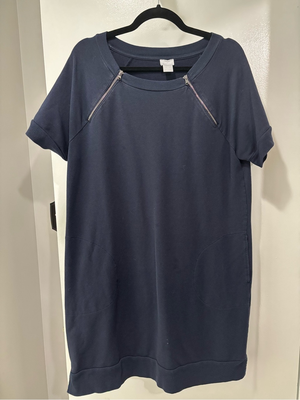 Chico's Navy Short-Sleeve Midi Cotton Blend Dress with Zip Details